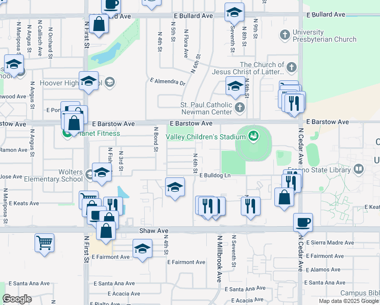 map of restaurants, bars, coffee shops, grocery stores, and more near 5322 North 6th Street in Fresno