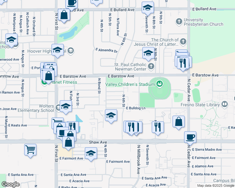 map of restaurants, bars, coffee shops, grocery stores, and more near 1346 East San Ramon Avenue in Fresno