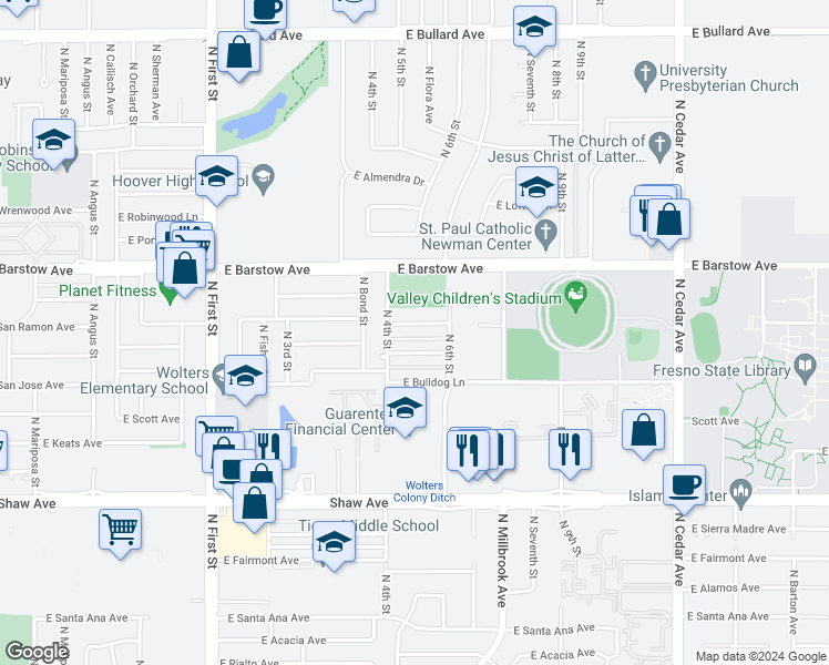 map of restaurants, bars, coffee shops, grocery stores, and more near 1346 East San Ramon Avenue in Fresno