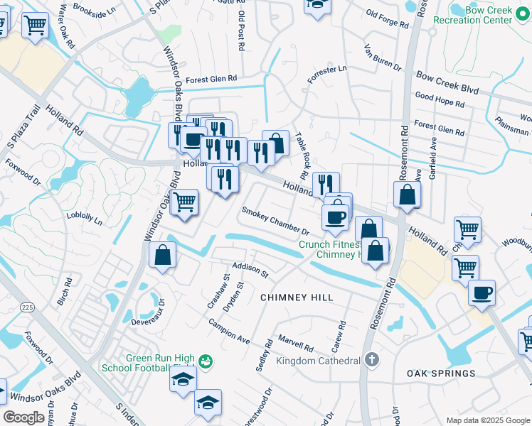 map of restaurants, bars, coffee shops, grocery stores, and more near 3721 Chimney Creek Drive in Virginia Beach
