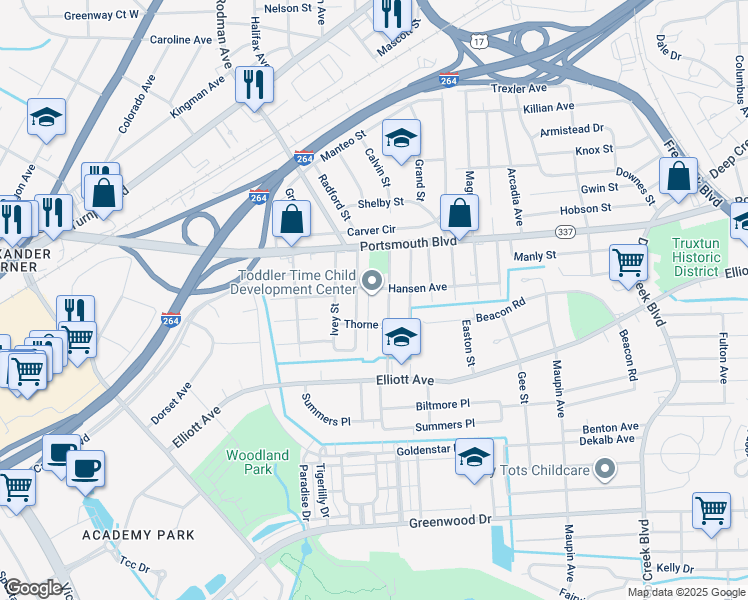 map of restaurants, bars, coffee shops, grocery stores, and more near 207 Montclair Avenue in Portsmouth