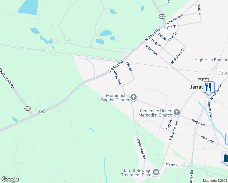 map of restaurants, bars, coffee shops, grocery stores, and more near 261 Grigg Avenue in Jarratt