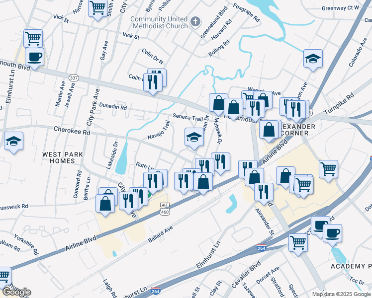 map of restaurants, bars, coffee shops, grocery stores, and more near 106 Mohican Dr in Portsmouth
