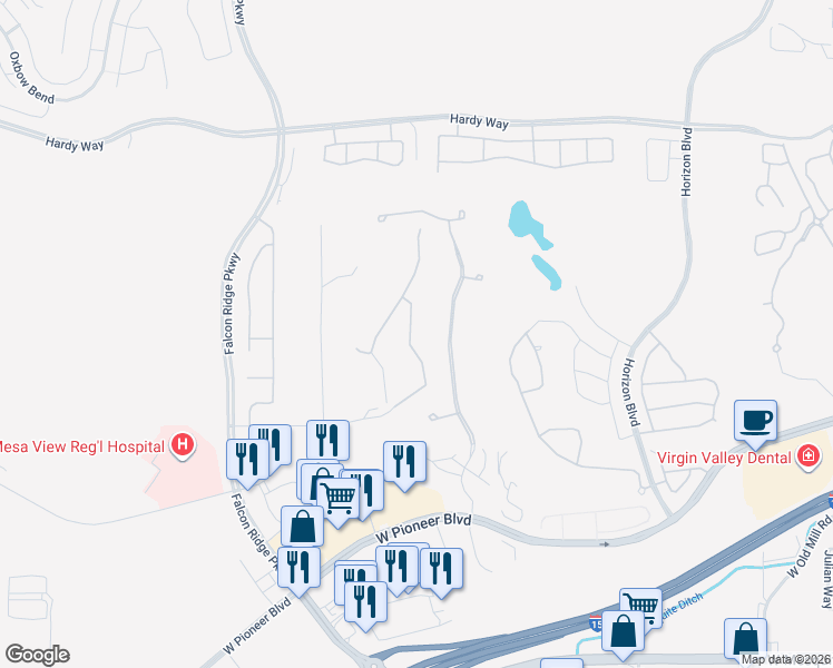 map of restaurants, bars, coffee shops, grocery stores, and more near 1042 Highland Hills Drive in Mesquite