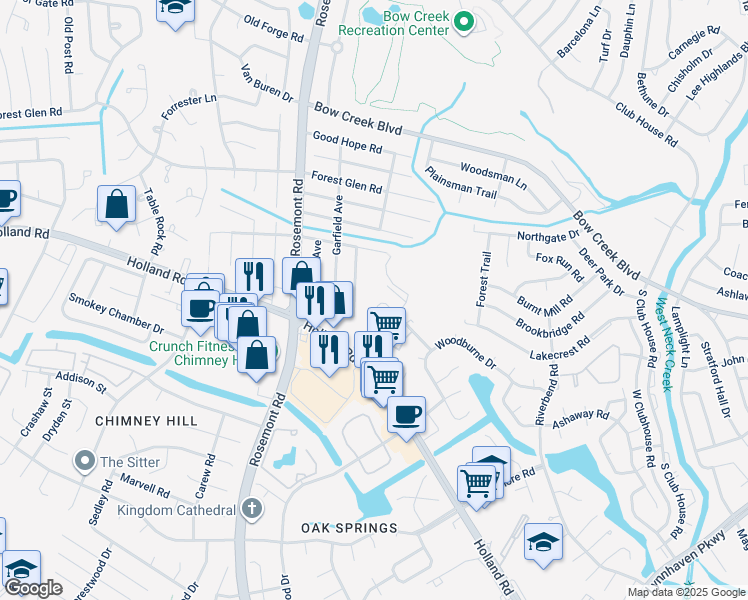 map of restaurants, bars, coffee shops, grocery stores, and more near 3426 Waltham Circle in Virginia Beach