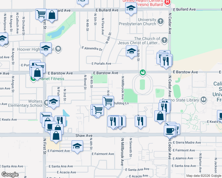 map of restaurants, bars, coffee shops, grocery stores, and more near 5292 North 6th Street in Fresno