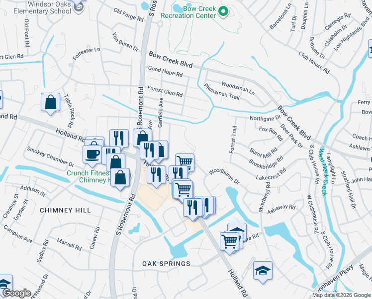 map of restaurants, bars, coffee shops, grocery stores, and more near 3412 Waltham Cir in Virginia Beach