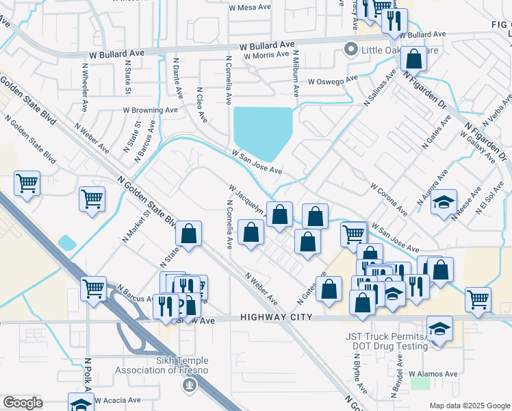 map of restaurants, bars, coffee shops, grocery stores, and more near 4726 West Jacquelyn Avenue in Fresno