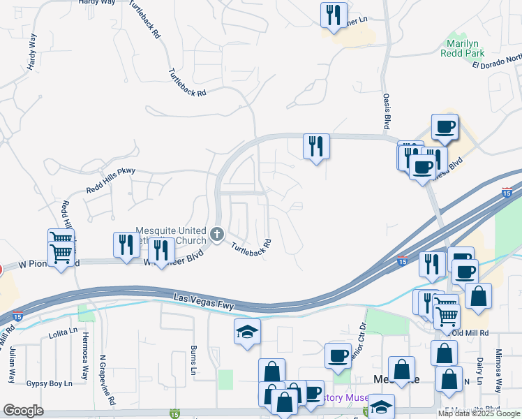 map of restaurants, bars, coffee shops, grocery stores, and more near 518 Turtleback Road in Mesquite