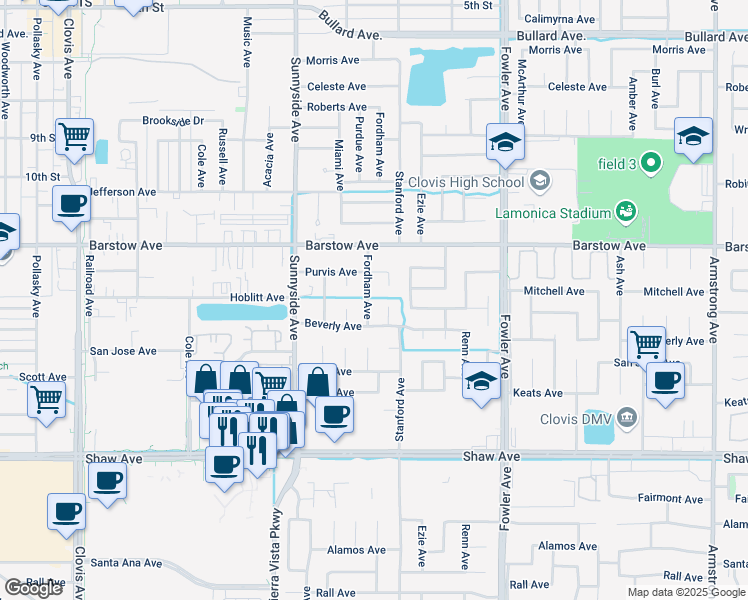 map of restaurants, bars, coffee shops, grocery stores, and more near 1324 Fordham Avenue in Clovis