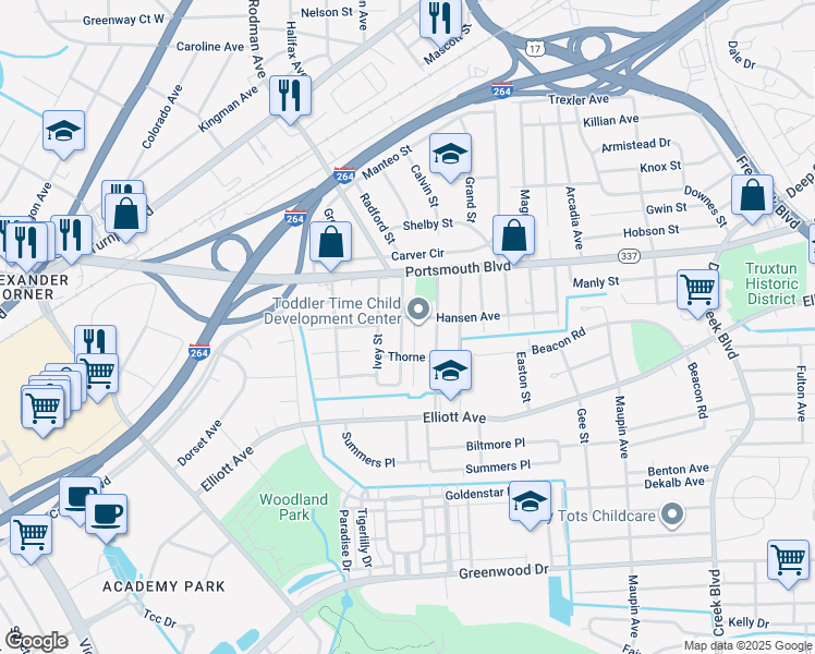 map of restaurants, bars, coffee shops, grocery stores, and more near 203 Woodstock Street in Portsmouth