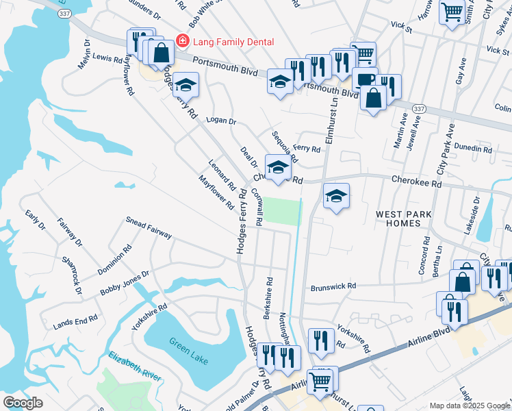 map of restaurants, bars, coffee shops, grocery stores, and more near 400 Cornwall Road in Portsmouth