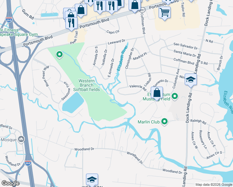 map of restaurants, bars, coffee shops, grocery stores, and more near 4244 Valencia Road in Chesapeake