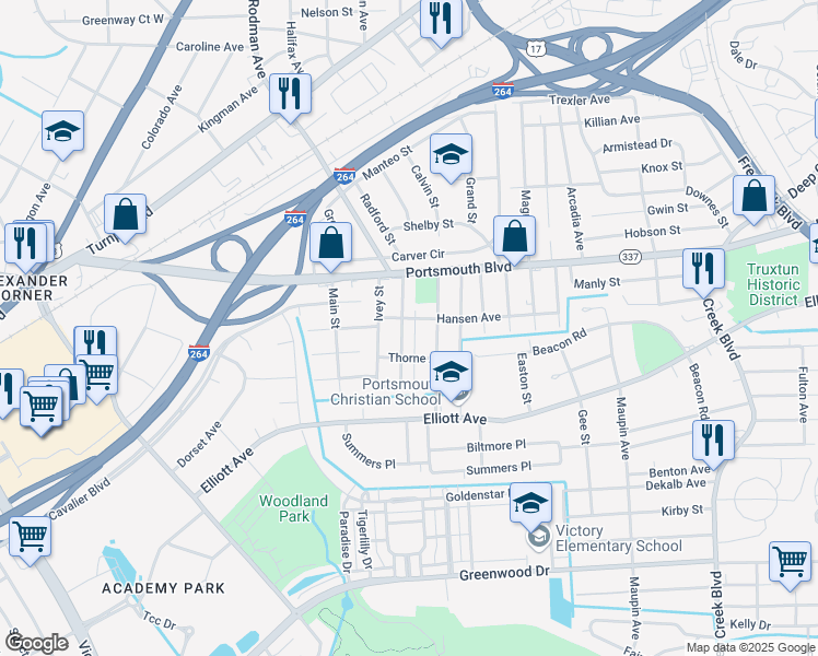 map of restaurants, bars, coffee shops, grocery stores, and more near 203 Woodstock Street in Portsmouth