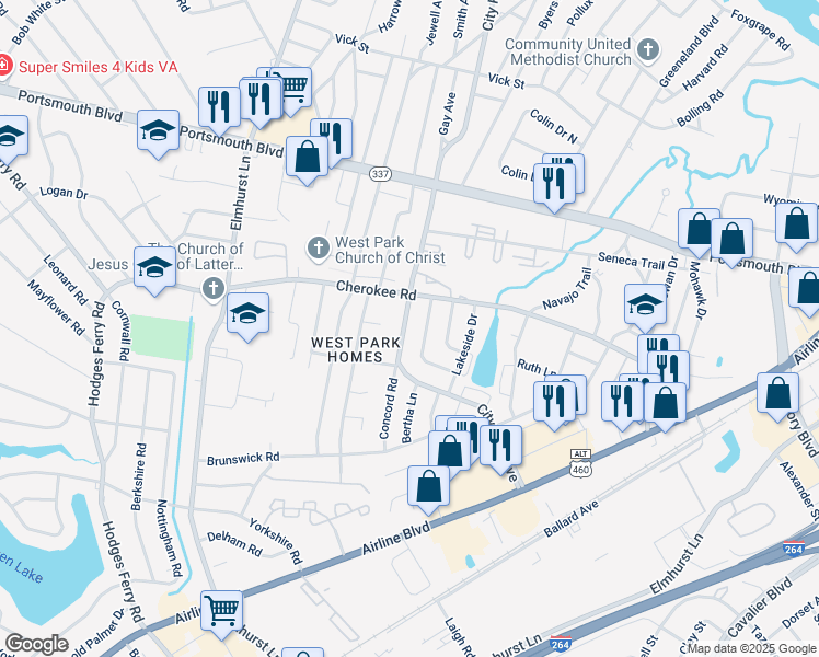 map of restaurants, bars, coffee shops, grocery stores, and more near 1509 City Park Avenue in Portsmouth