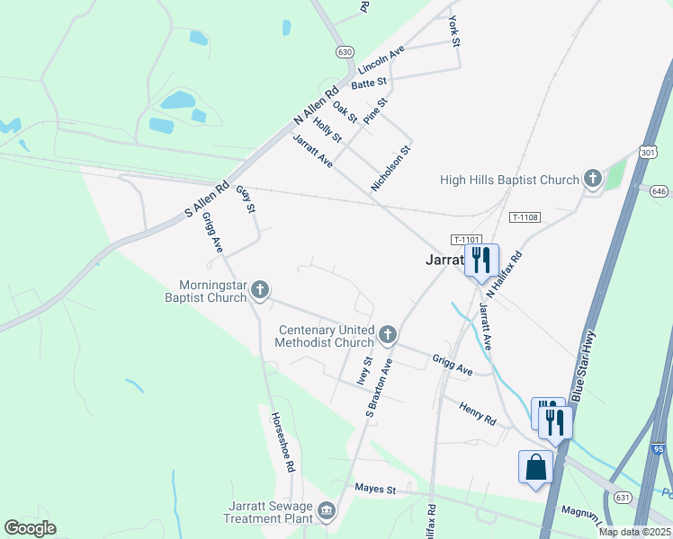 map of restaurants, bars, coffee shops, grocery stores, and more near 227 Park Street in Jarratt