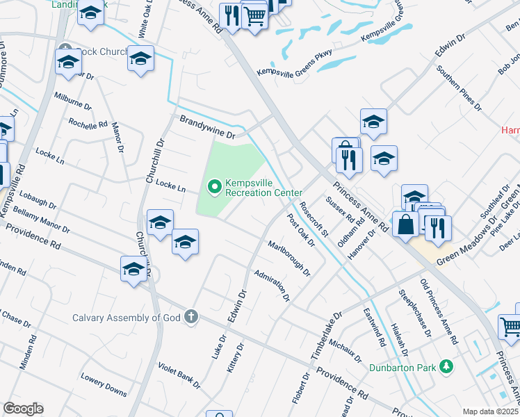 map of restaurants, bars, coffee shops, grocery stores, and more near 4790 Darby Court in Virginia Beach