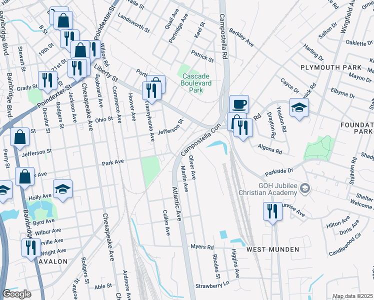map of restaurants, bars, coffee shops, grocery stores, and more near 1401 Oliver Avenue in Chesapeake