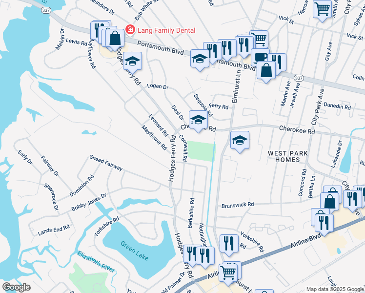 map of restaurants, bars, coffee shops, grocery stores, and more near 400 Cornwall Road in Portsmouth
