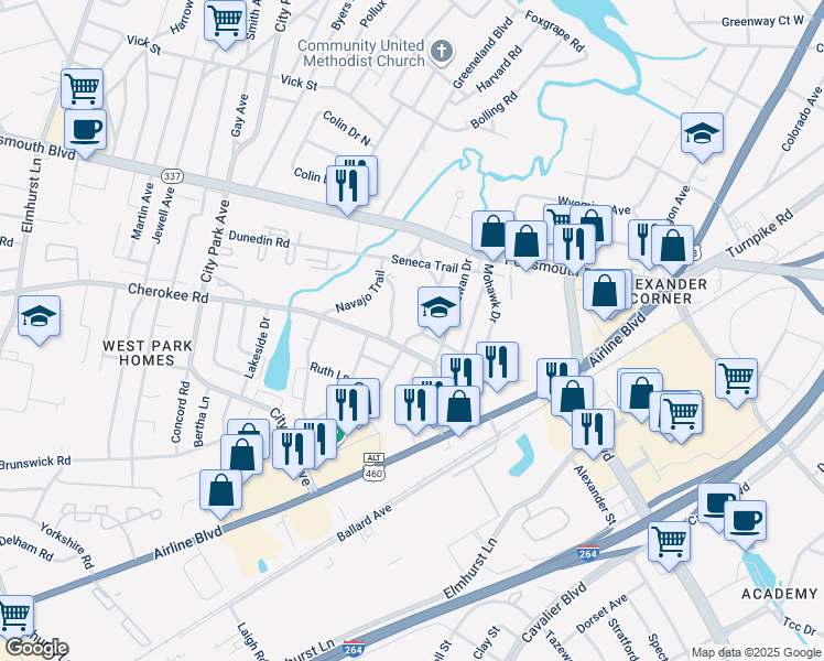 map of restaurants, bars, coffee shops, grocery stores, and more near 106 Mohican Drive in Portsmouth