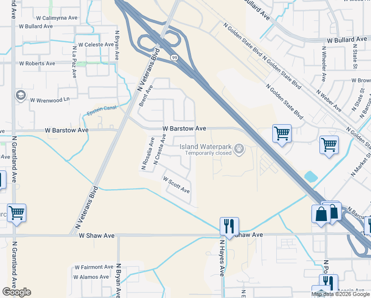 map of restaurants, bars, coffee shops, grocery stores, and more near 5435 North Contessa Avenue in Fresno