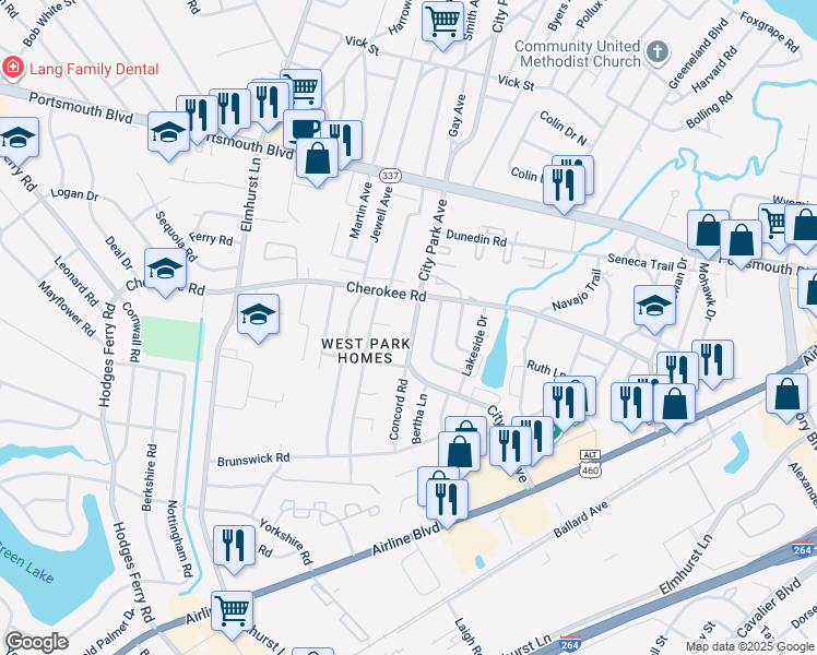 map of restaurants, bars, coffee shops, grocery stores, and more near 1508 City Park Avenue in Portsmouth