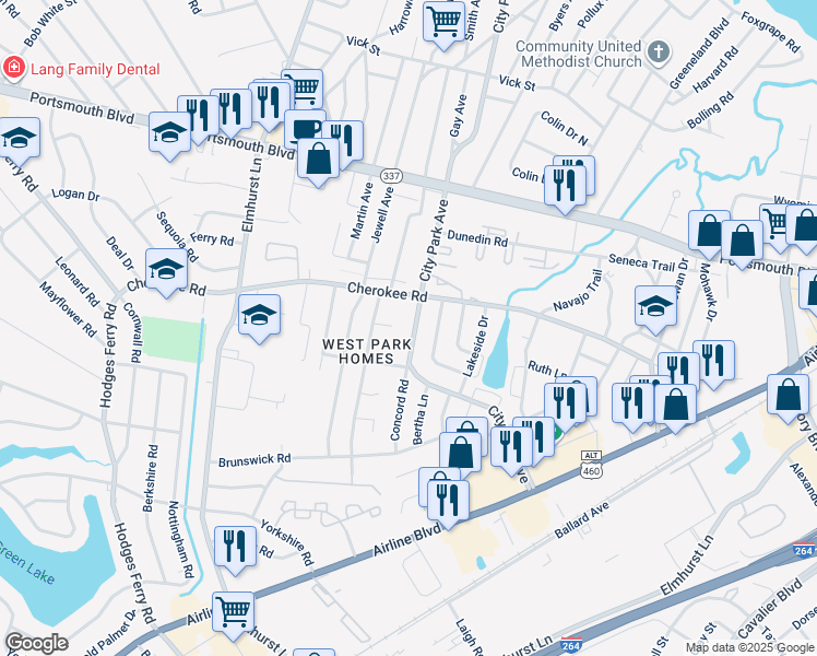 map of restaurants, bars, coffee shops, grocery stores, and more near 1508 City Park Avenue in Portsmouth
