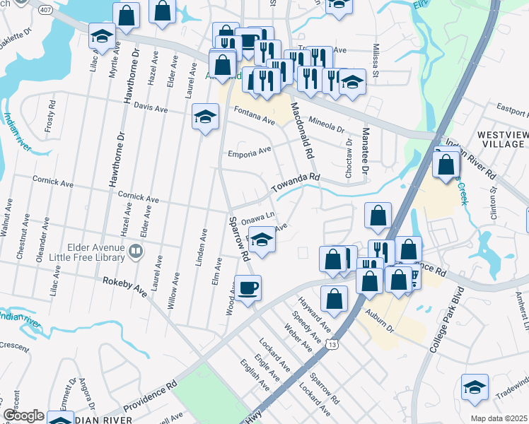 map of restaurants, bars, coffee shops, grocery stores, and more near 4311 Onawa Lane in Chesapeake
