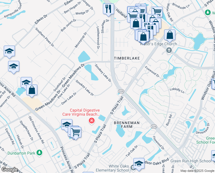 map of restaurants, bars, coffee shops, grocery stores, and more near 4196 Smokey Lake Dr in Virginia Beach