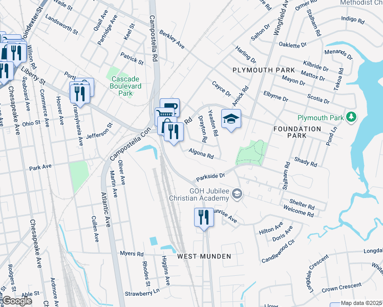 map of restaurants, bars, coffee shops, grocery stores, and more near 1204 Algona Road in Chesapeake