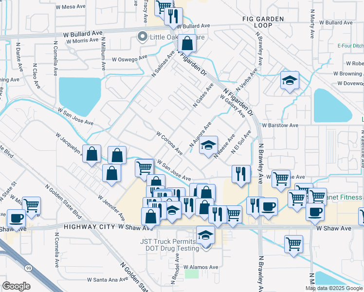 map of restaurants, bars, coffee shops, grocery stores, and more near 5339 North Silverado Avenue in Fresno