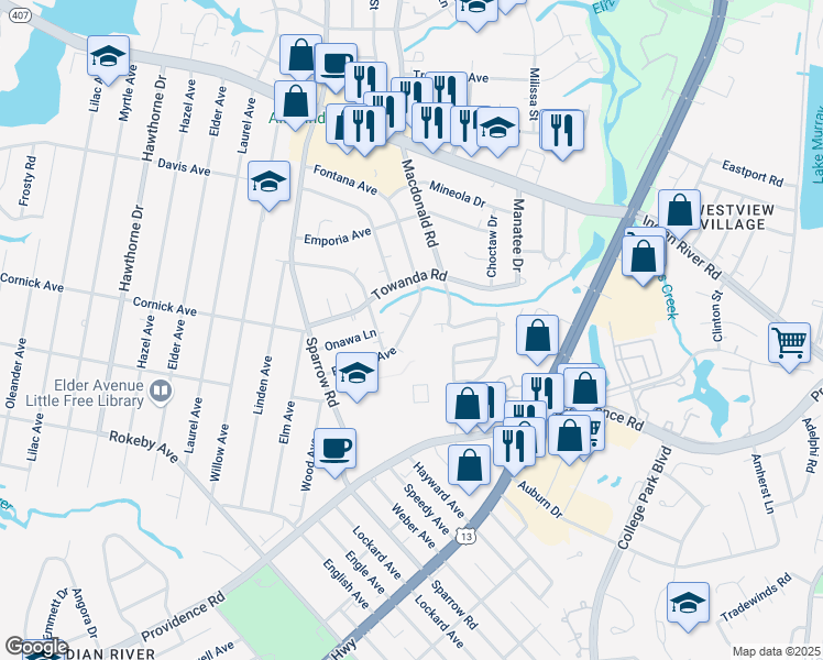 map of restaurants, bars, coffee shops, grocery stores, and more near 4332 Fontana Avenue in Chesapeake
