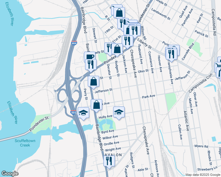 map of restaurants, bars, coffee shops, grocery stores, and more near 1229 Decatur Street in Chesapeake