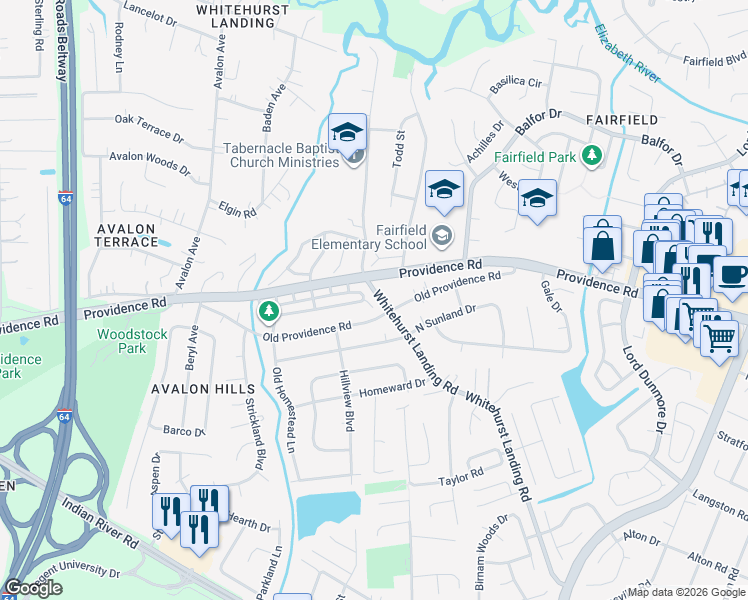map of restaurants, bars, coffee shops, grocery stores, and more near 876 Jamestown Landing Road in Virginia Beach