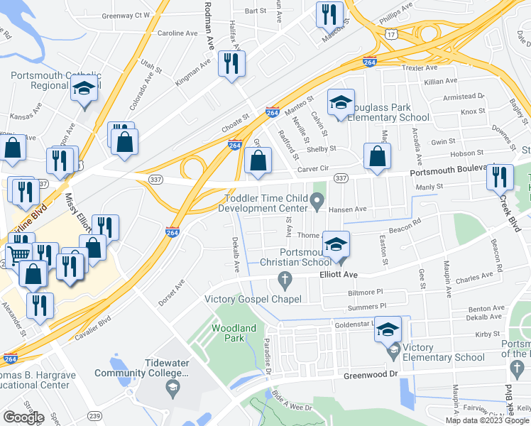 map of restaurants, bars, coffee shops, grocery stores, and more near 268 Hansen Avenue in Portsmouth