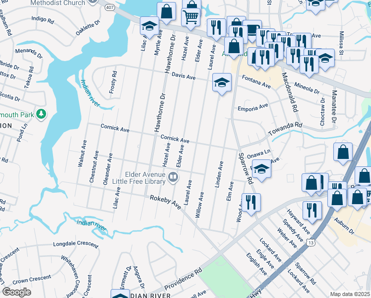 map of restaurants, bars, coffee shops, grocery stores, and more near 1406 Elder Avenue in Chesapeake