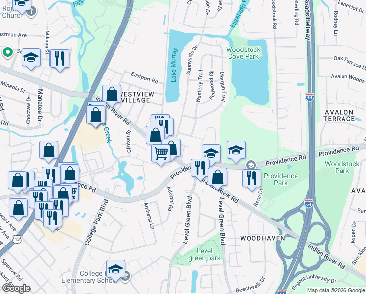map of restaurants, bars, coffee shops, grocery stores, and more near 6116 Lexington Court in Virginia Beach