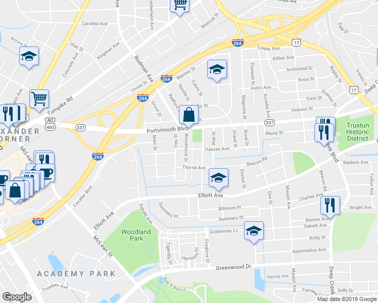 map of restaurants, bars, coffee shops, grocery stores, and more near 201 Woodstock Street in Portsmouth