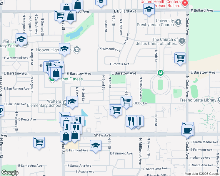map of restaurants, bars, coffee shops, grocery stores, and more near North 4th Street & East San Ramon Avenue in Fresno