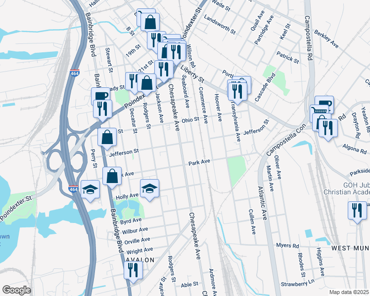 map of restaurants, bars, coffee shops, grocery stores, and more near 1238 Chesapeake Avenue in Chesapeake