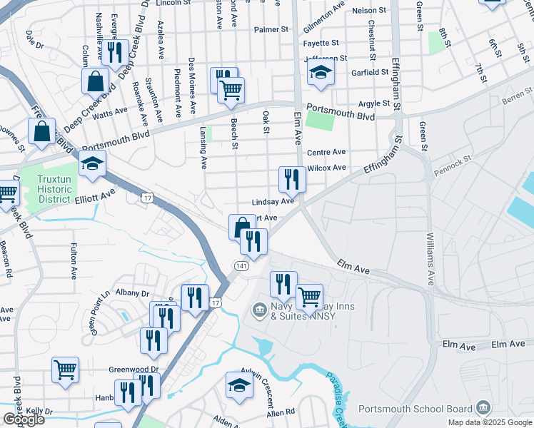 map of restaurants, bars, coffee shops, grocery stores, and more near 1300 Wirt Avenue in Portsmouth