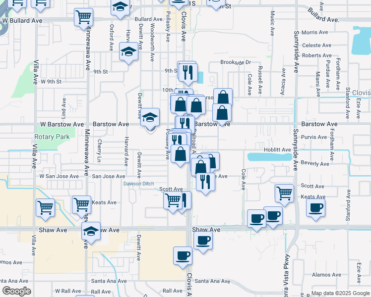 map of restaurants, bars, coffee shops, grocery stores, and more near 1348 Clovis Avenue in Clovis