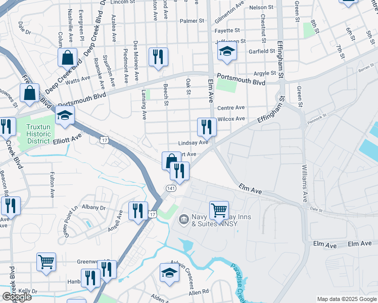 map of restaurants, bars, coffee shops, grocery stores, and more near 1300 Wirt Avenue in Portsmouth