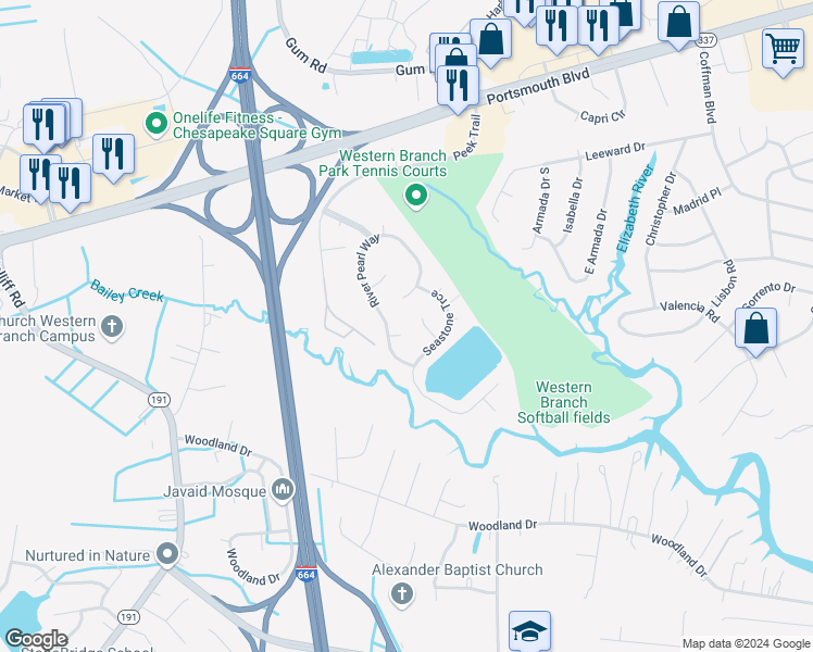 map of restaurants, bars, coffee shops, grocery stores, and more near 4708 Septaria Quay in Chesapeake