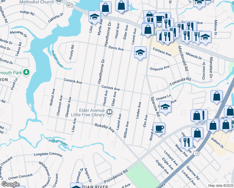 map of restaurants, bars, coffee shops, grocery stores, and more near 1406 Elder Avenue in Chesapeake