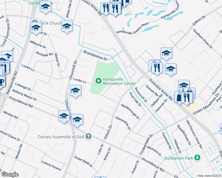 map of restaurants, bars, coffee shops, grocery stores, and more near 925 Darby Road in Virginia Beach