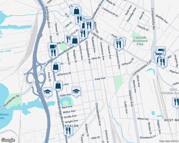 map of restaurants, bars, coffee shops, grocery stores, and more near 1306 Chesapeake Avenue in Chesapeake