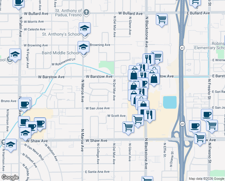 map of restaurants, bars, coffee shops, grocery stores, and more near 5334 North Del Mar Avenue in Fresno