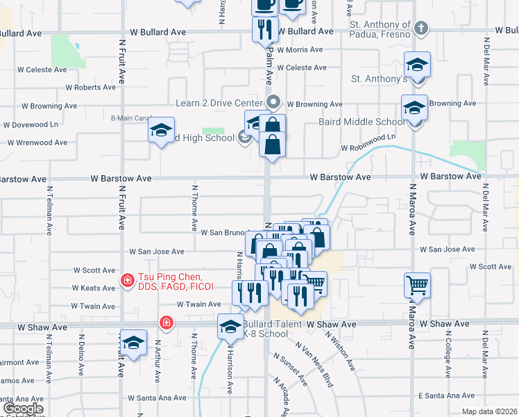 map of restaurants, bars, coffee shops, grocery stores, and more near 1069 West San Madele Avenue in Fresno