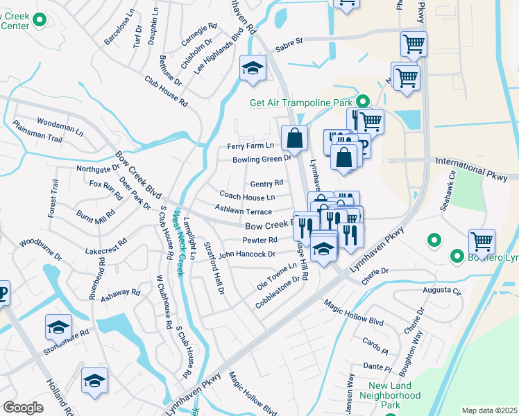 map of restaurants, bars, coffee shops, grocery stores, and more near 3033 Coach House Lane in Virginia Beach